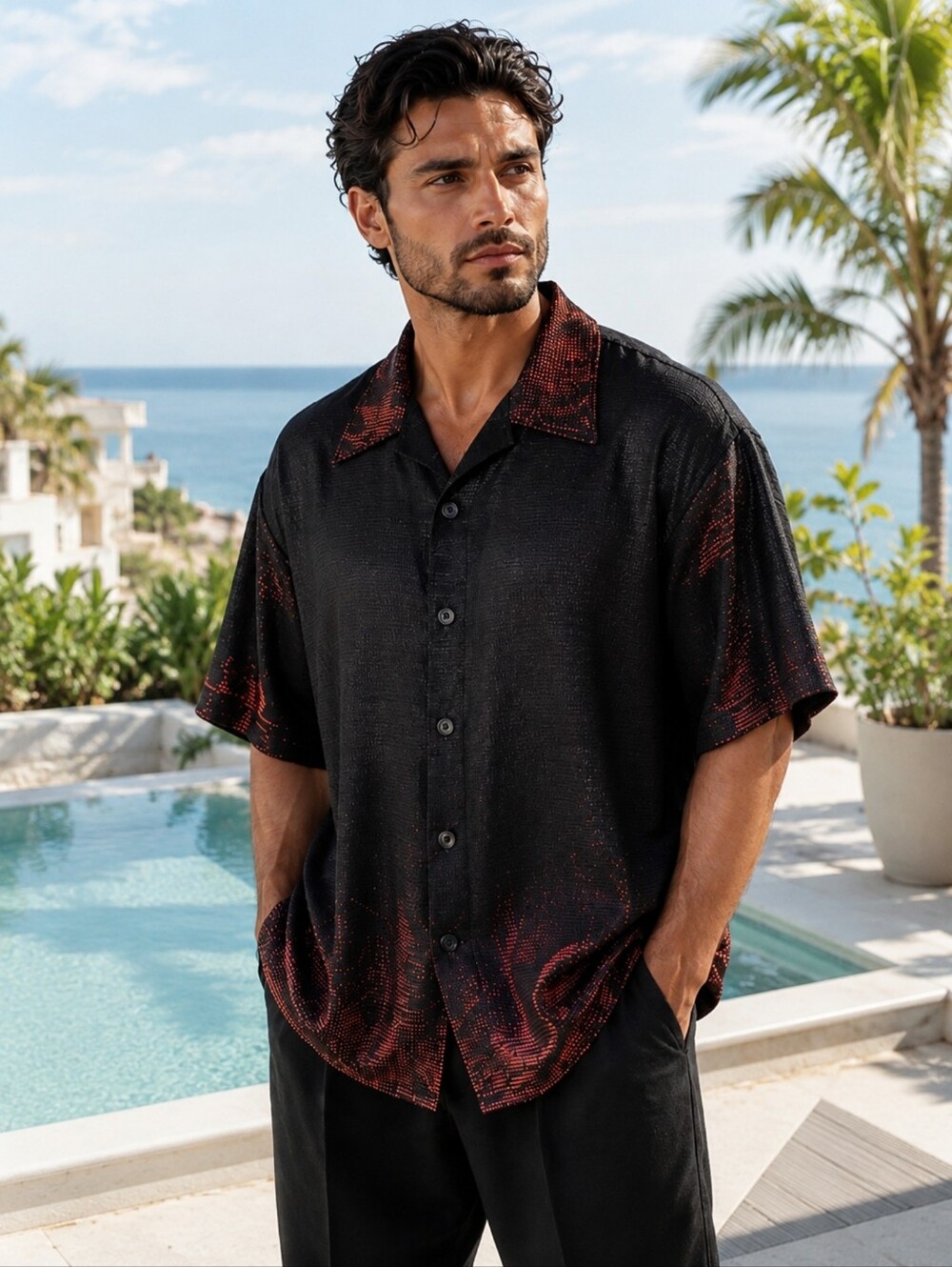 Positano XL Vintage Black Red Shimmer Lamé Style Resort Club Shirt